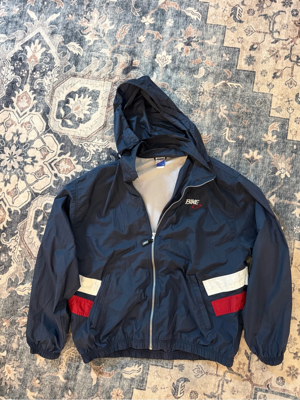 Vintage BIKE Windbreaker Jacket Men’s Large Navy Red White Hooded 90s Nylon